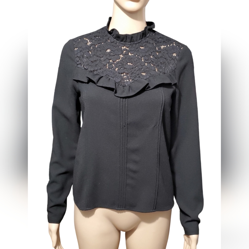 Zara Women Top Blouse Floral Ruffle Long Sleeve Black Spring Fall sz XS